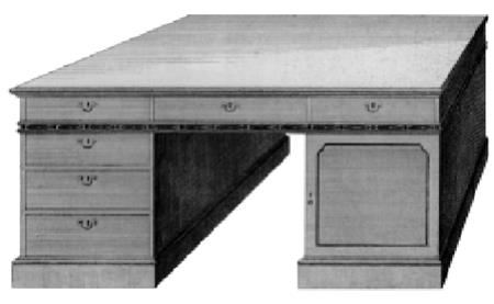 753年由托马斯·奇彭代尔设计的一款“图书馆桌”，英国                                                       ⑥镶饰以各式木材且镀有青铜框架的大理石桌面的盥洗台，由奥本（J.-F. Oeben）1760年制作，法国