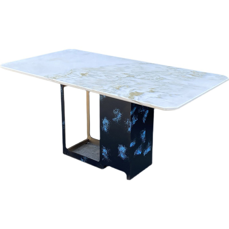 茶餐厅现代简约新中式大理石铁艺长方形餐桌