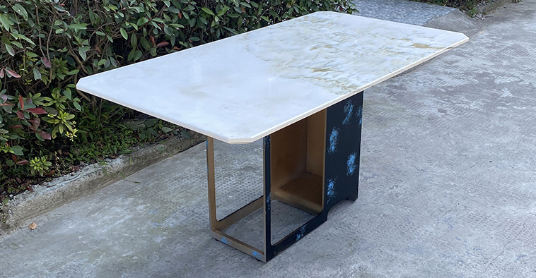 茶餐厅现代简约新中式大理石铁艺长方形餐桌