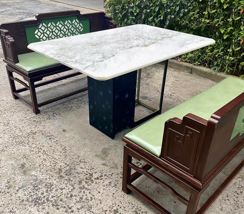 茶餐厅现代简约新中式大理石铁艺长方形餐桌