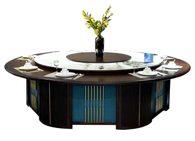 会所新中式实木搭配岩板转盘电动圆桌