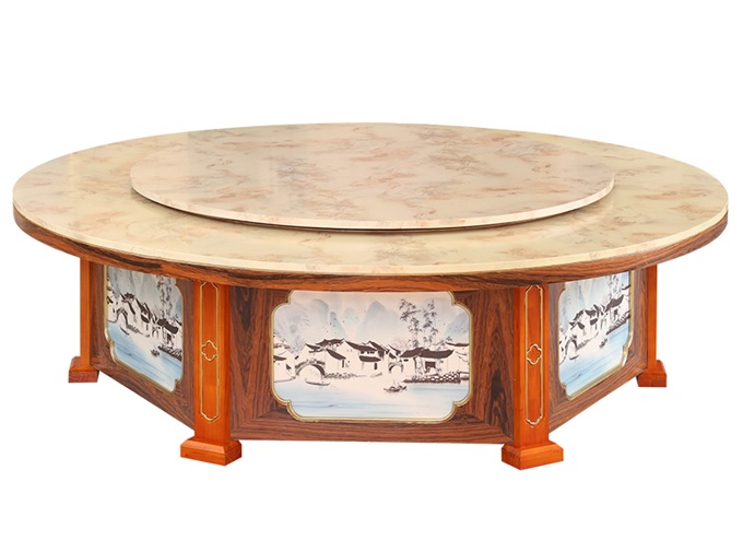 会所新中式古典大理石实木转盘自动餐桌