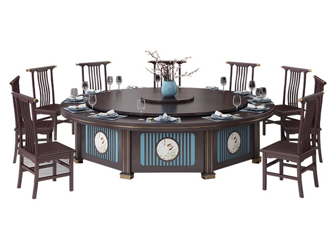 会所包间新中式实木电动餐桌自动转盘大圆桌