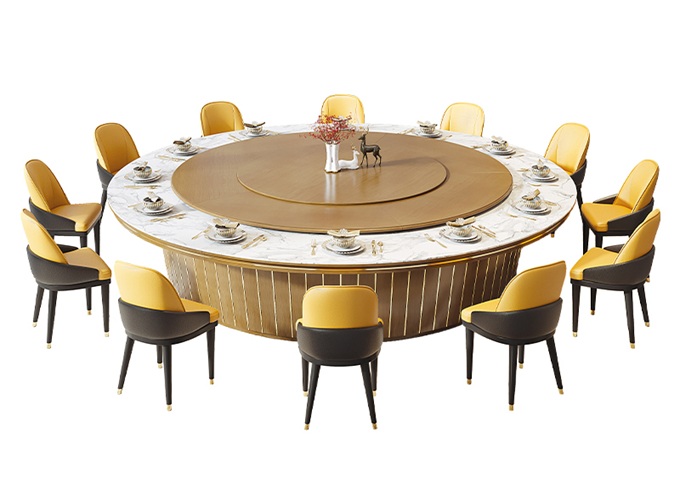 酒店包房豪华岩板实木电动大圆桌自动旋转餐桌