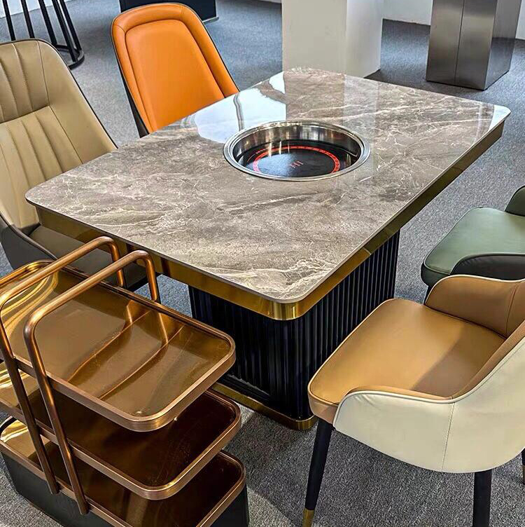 牛肉火锅高端轻奢时尚岩板下沉式电磁炉火锅桌