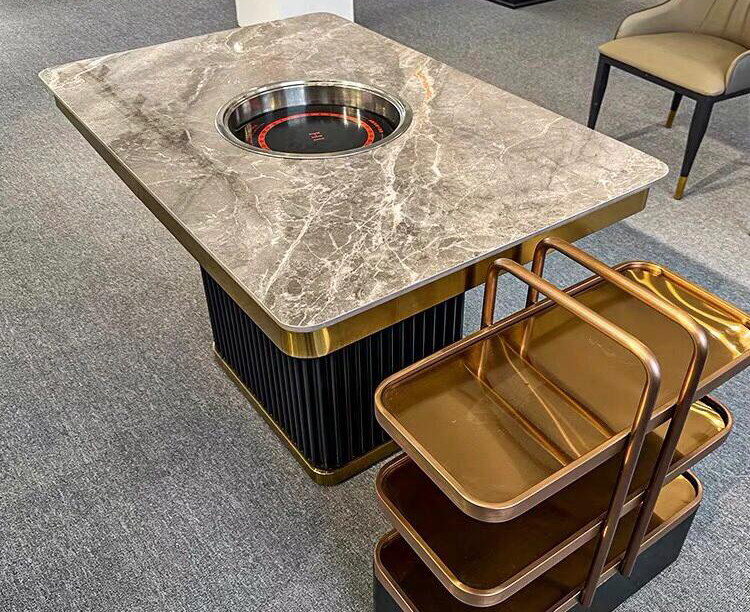 牛肉火锅高端轻奢时尚岩板下沉式电磁炉火锅桌