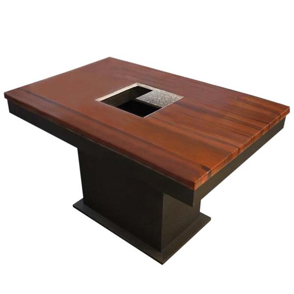 红棕色大理石台面火锅桌_五金磨砂底座方桶脚大理石电磁炉火锅