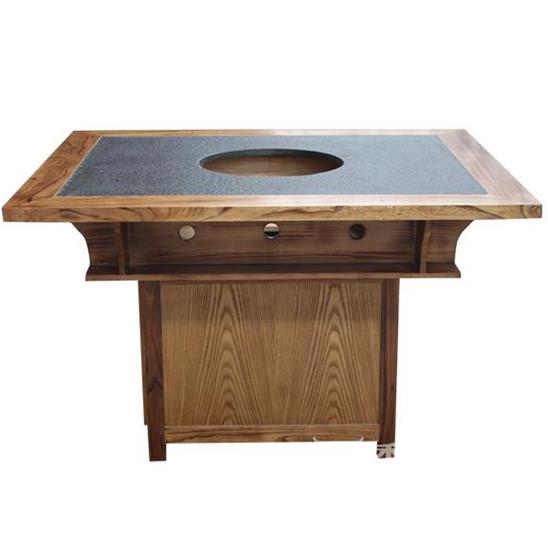 仿古实木大理石火锅餐桌子_烧烤一体餐桌