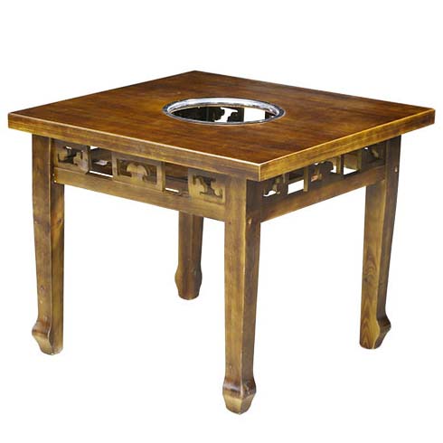 实木仿古雕花火锅方桌子-碳化复古火锅桌椅组合