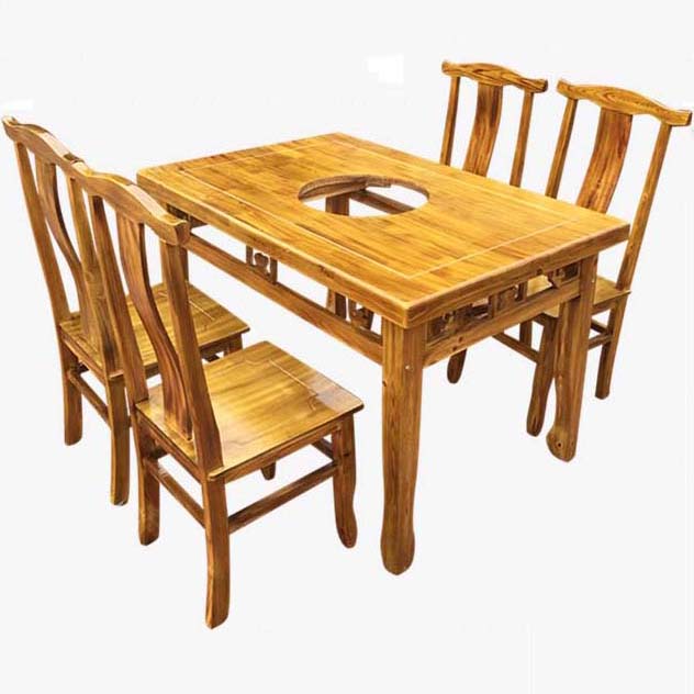 长方形火锅店雕花实木火锅桌 炭化木餐桌椅组合