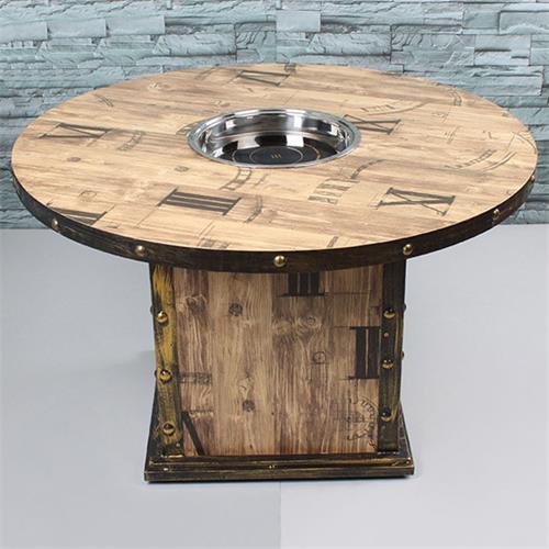 下沉式电磁炉火锅桌复古工业风实木火锅桌椅
