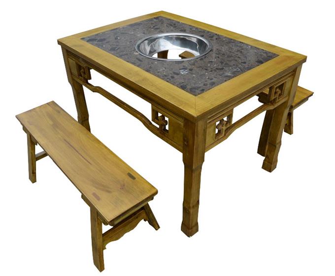 仿古雕花实木边框镶嵌大理石火锅桌
