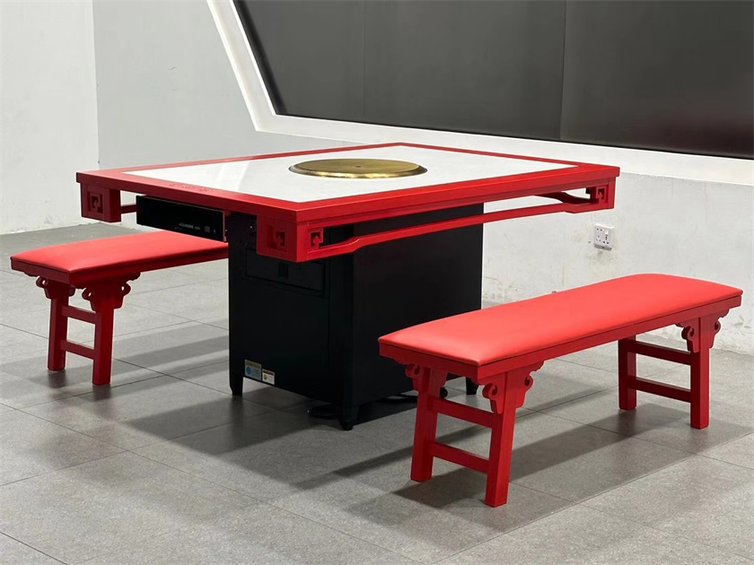 中式复古实木封边大理石无烟净化火锅桌