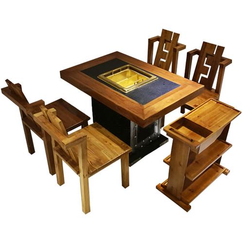 老榆木仿古实木新中式下沉式无烟净化火锅桌椅