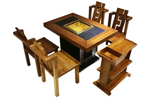 老榆木仿古实木新中式下沉式无烟净化火锅桌椅