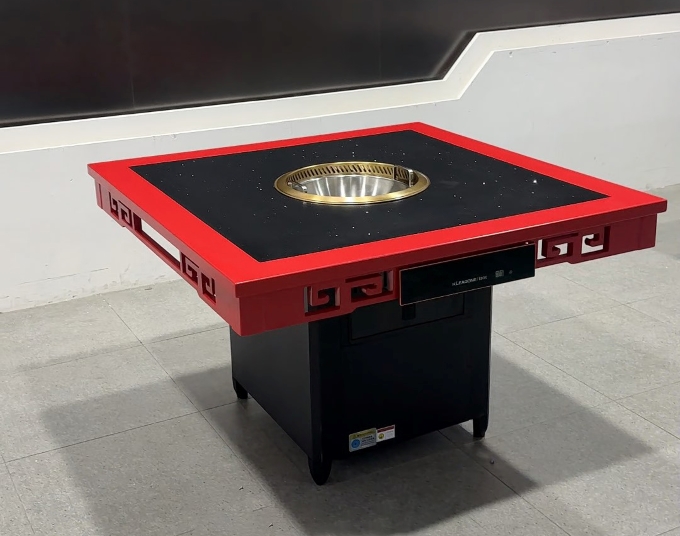 中式实木包边大理石无烟自净化火锅桌