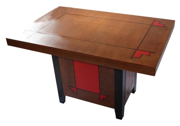 复古风格方形实木餐桌_红色祥云雕花实木方脚黑色边脚桶