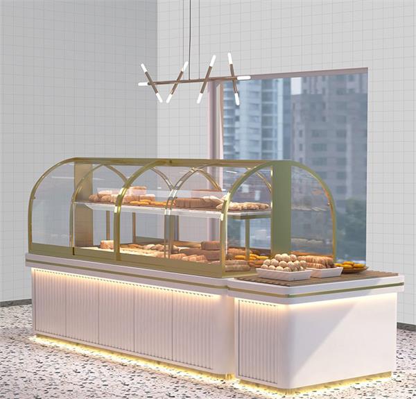 蛋糕店弧形玻璃不锈钢镀钛面包陈列柜台